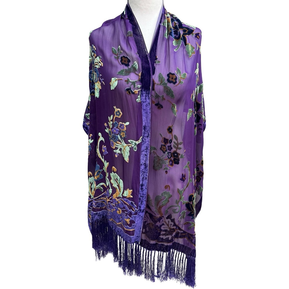 Jinjiao Vintage Purple Floral Velvet Burnout Fringe Sheer Evening Shawl Wrap